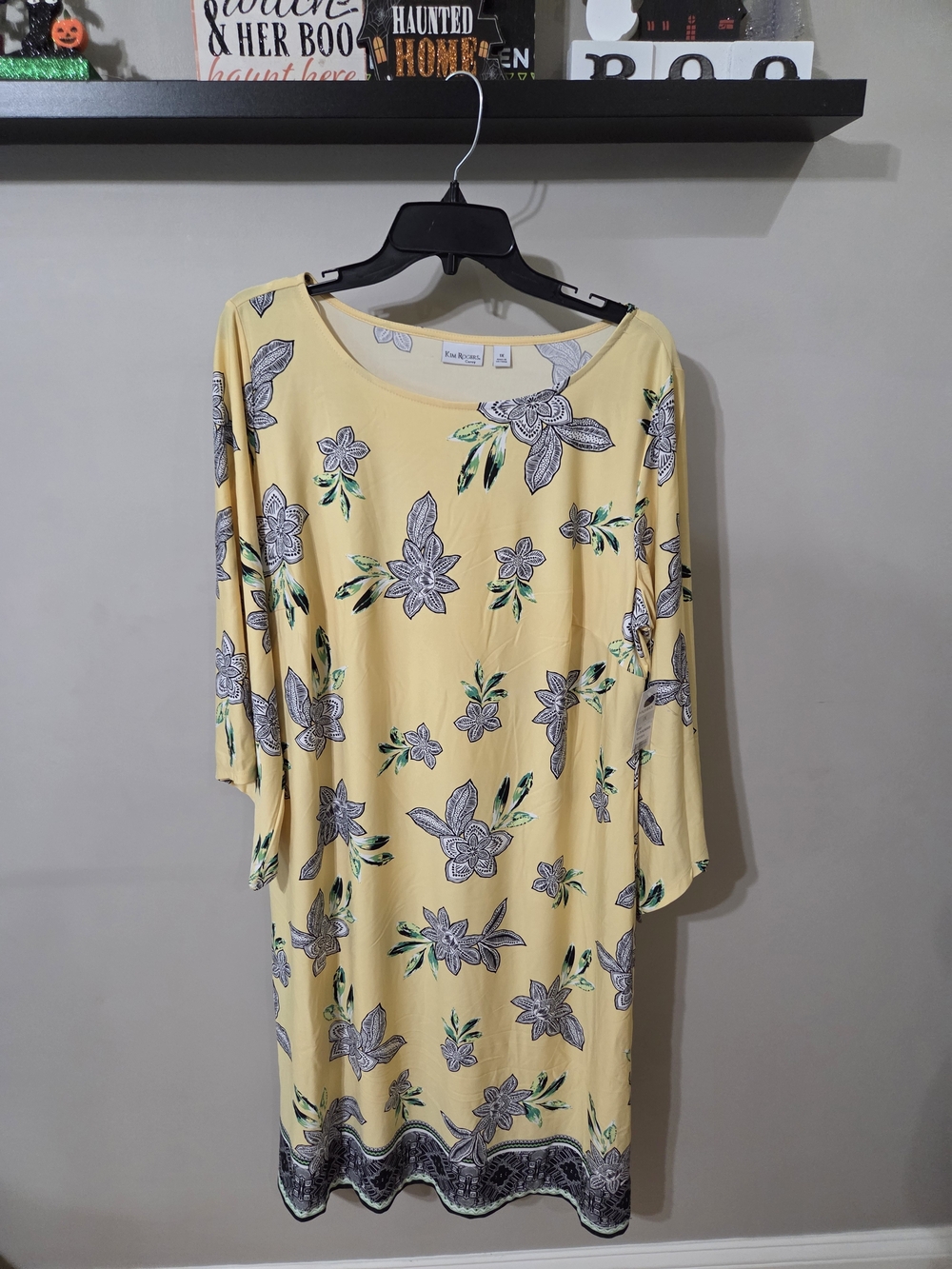 Kim Rogers Yellow Floral Midi Dress with Black & Green Accents 3/4 Sleeves